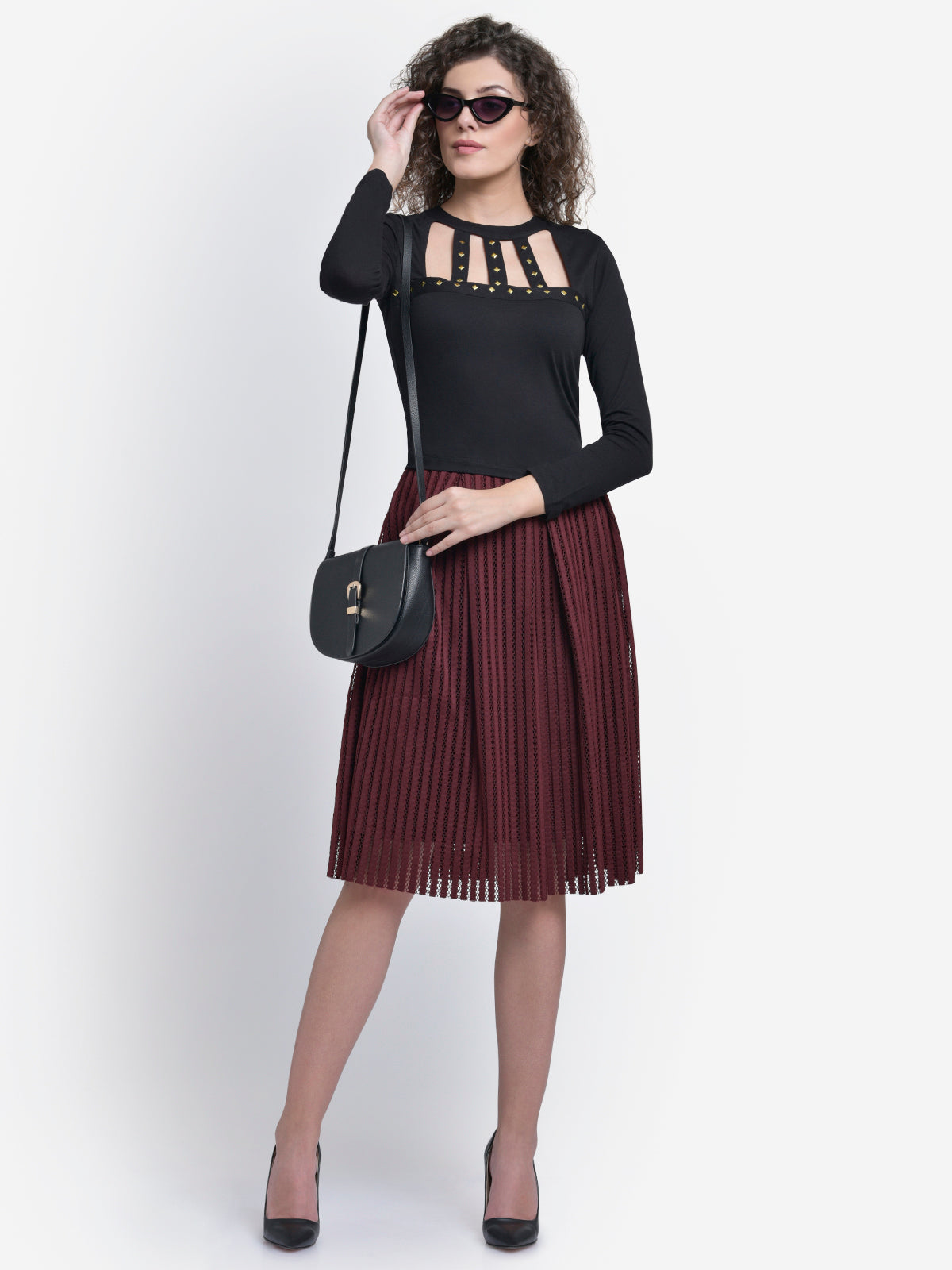 Women Black Studded Cage Neck Crop Top
