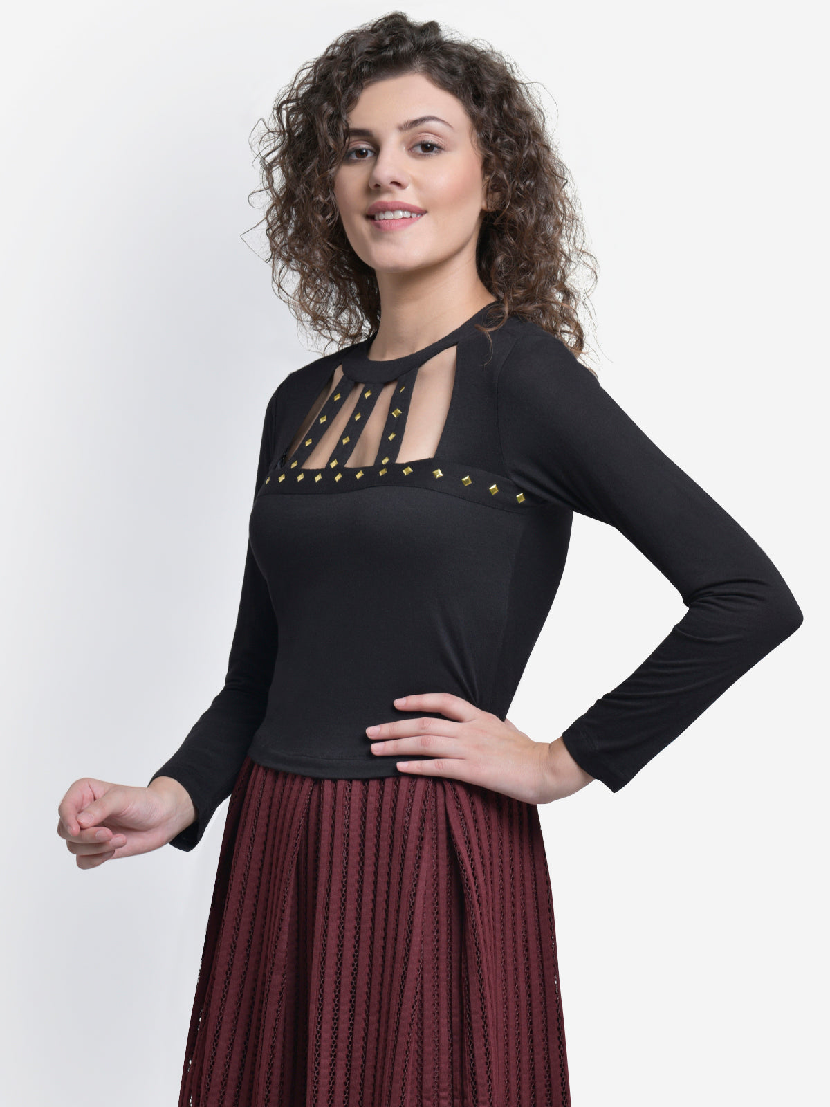 Women Black Studded Cage Neck Crop Top
