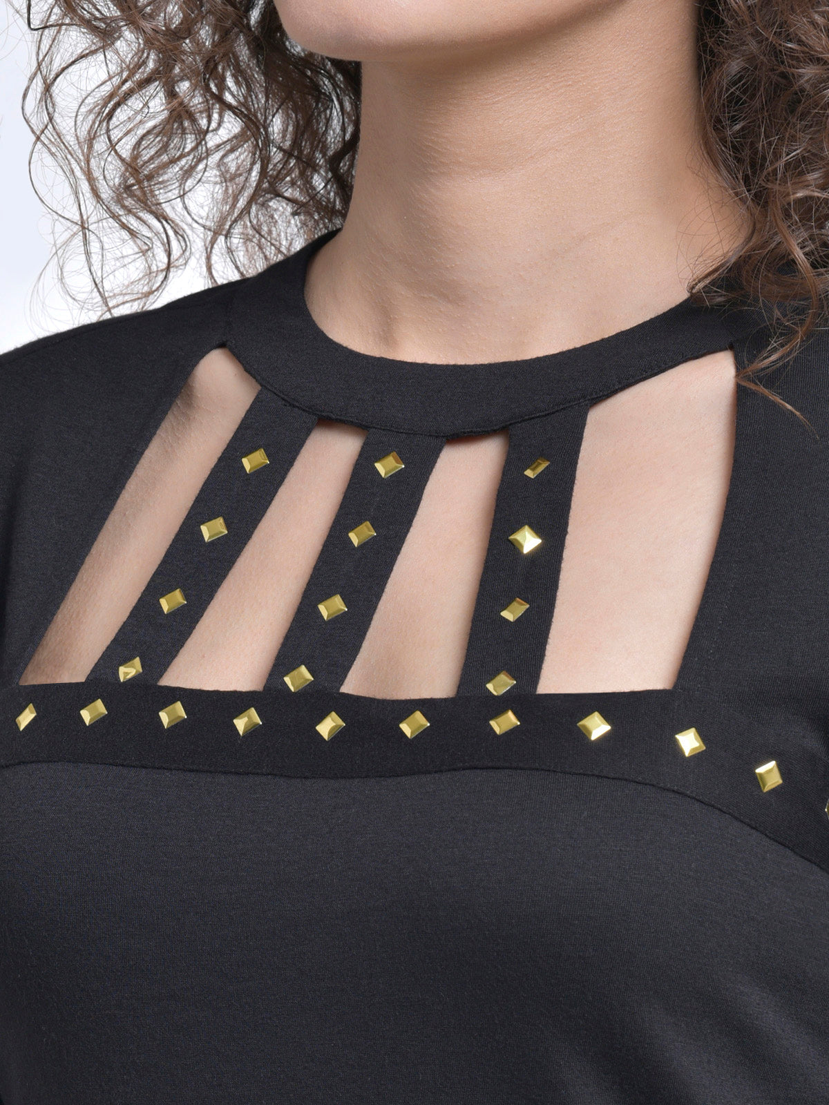 Women Black Studded Cage Neck Crop Top