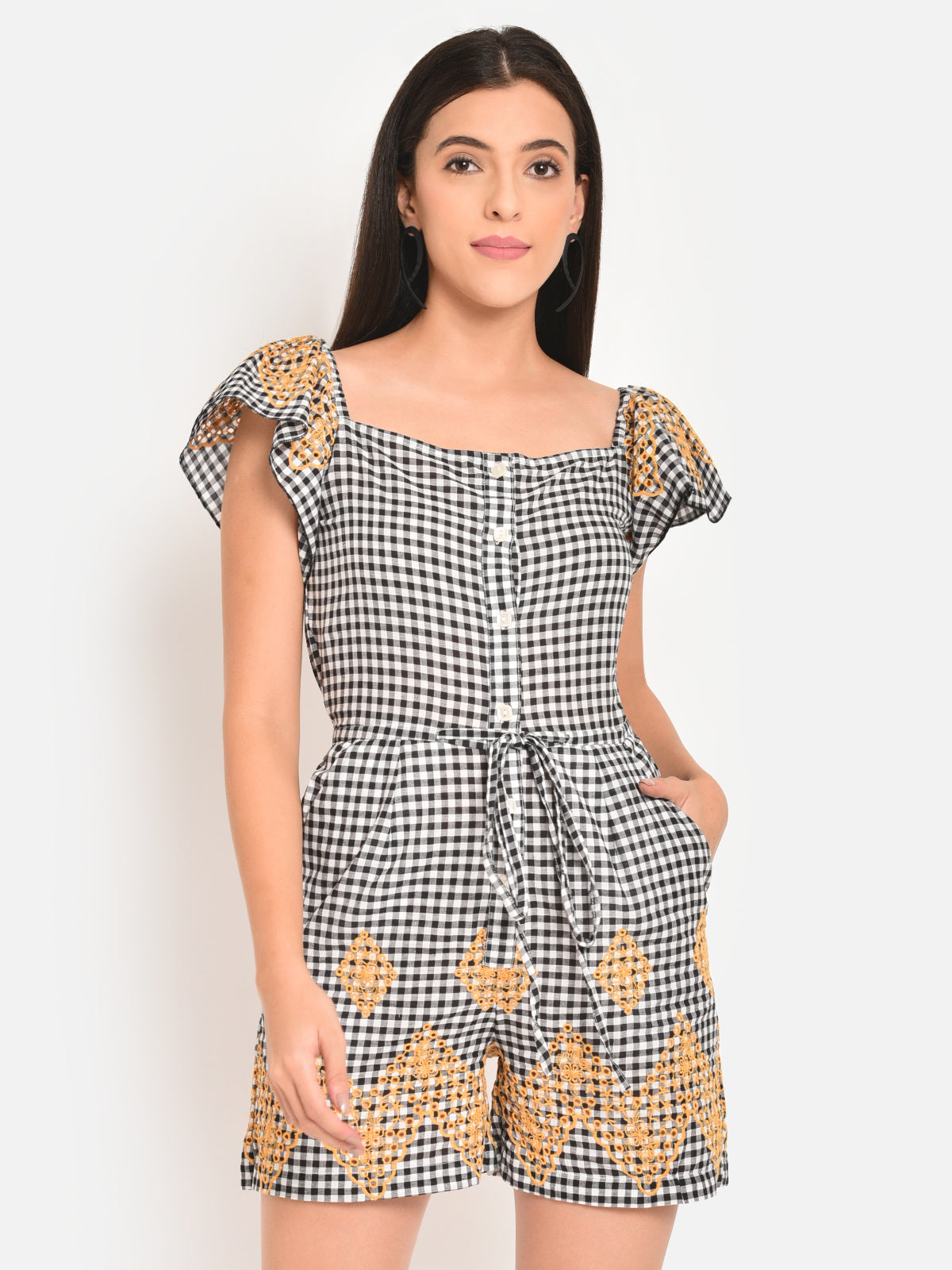 Women Black White Check Cotton Embroidered Playsuit