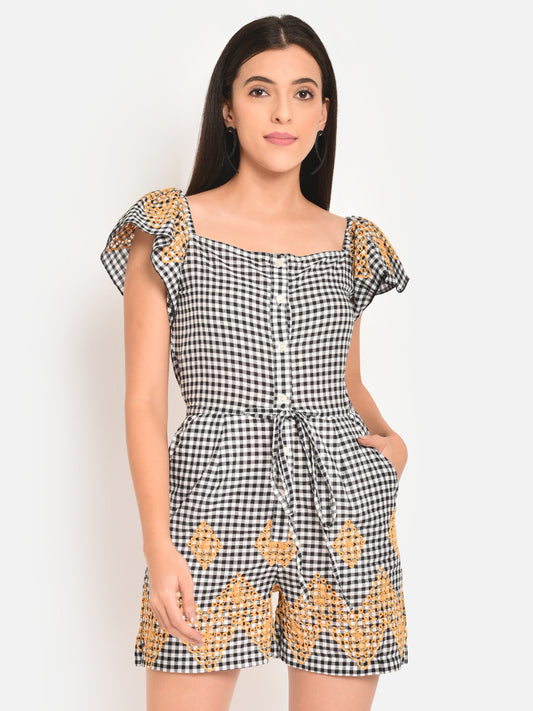 Women Black White Check Cotton Embroidered Playsuit