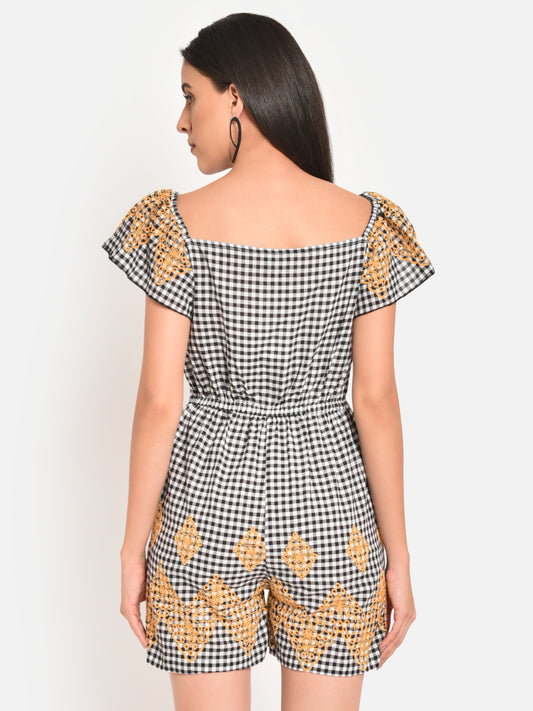 Women Black White Check Cotton Embroidered Playsuit
