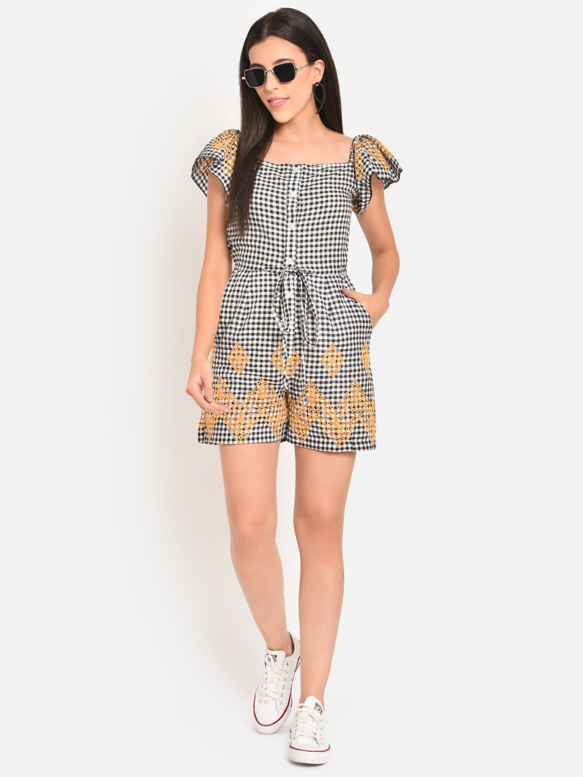 Women Black White Check Cotton Embroidered Playsuit
