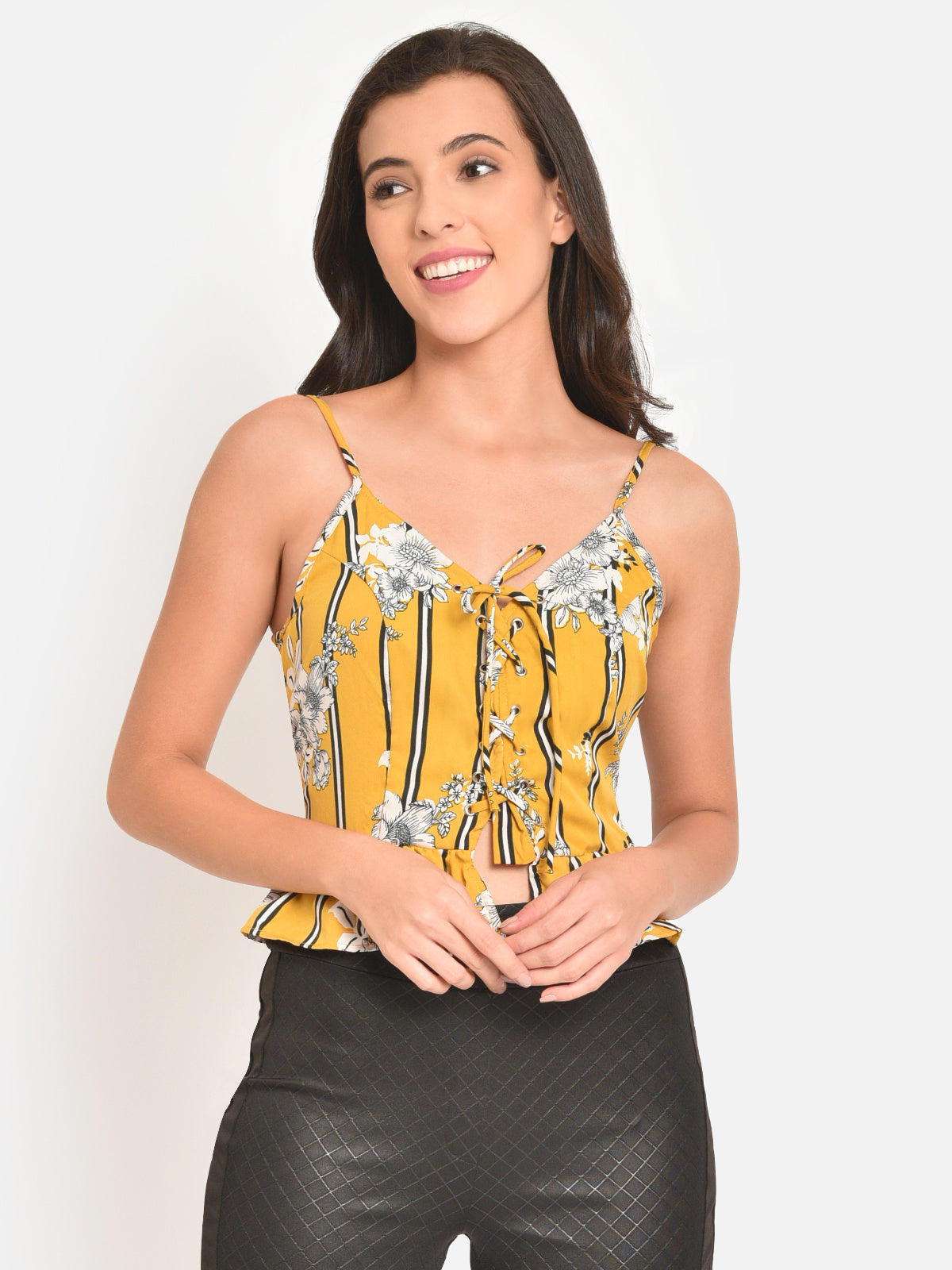 Women Yellow Floral Stripe Eyelet Laceup Crop Top