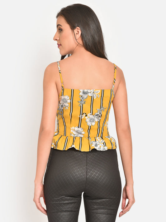 Women Yellow Floral Stripe Eyelet Laceup Crop Top
