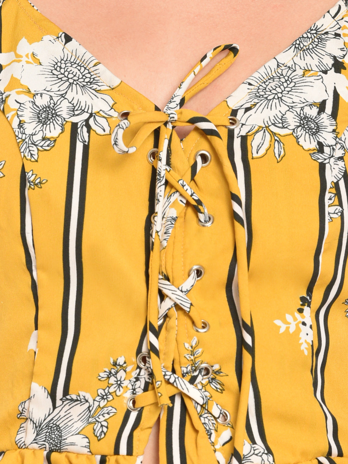 Women Yellow Floral Stripe Eyelet Laceup Crop Top