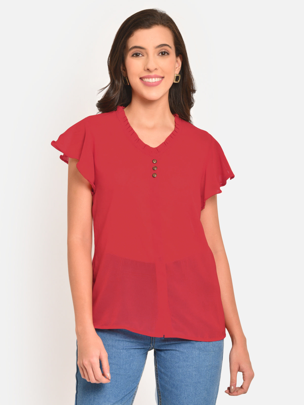 Women Orange Sheer Buttoned Top
