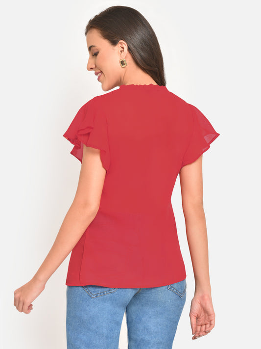 Women Orange Sheer Buttoned Top