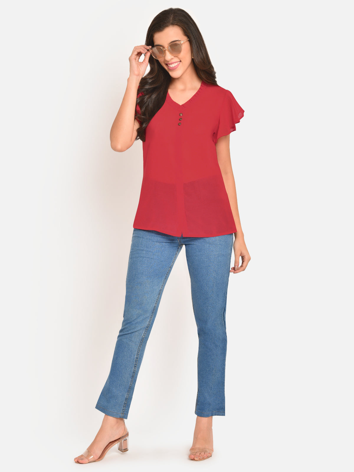 Women Orange Sheer Buttoned Top