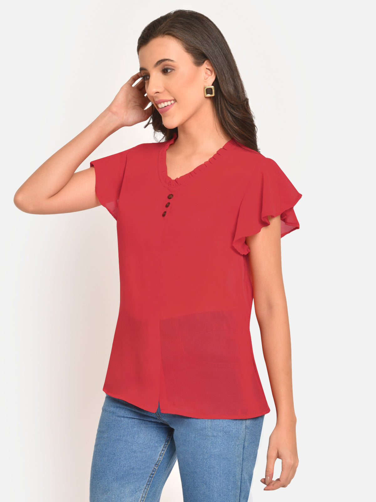 Women Orange Sheer Buttoned Top