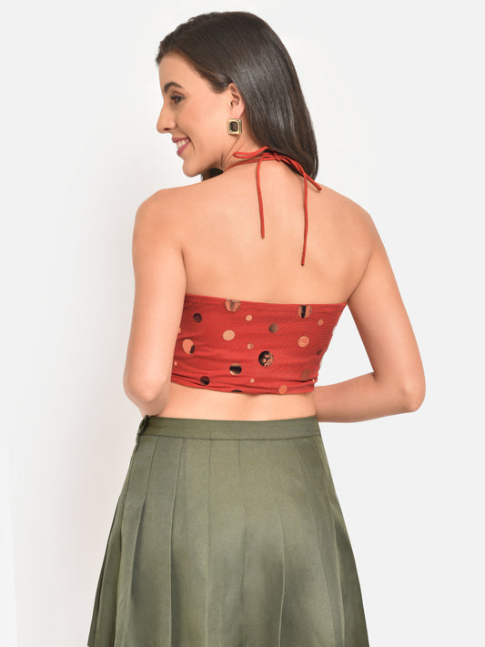 Women Burnt Orange Golden Disc Crop Top