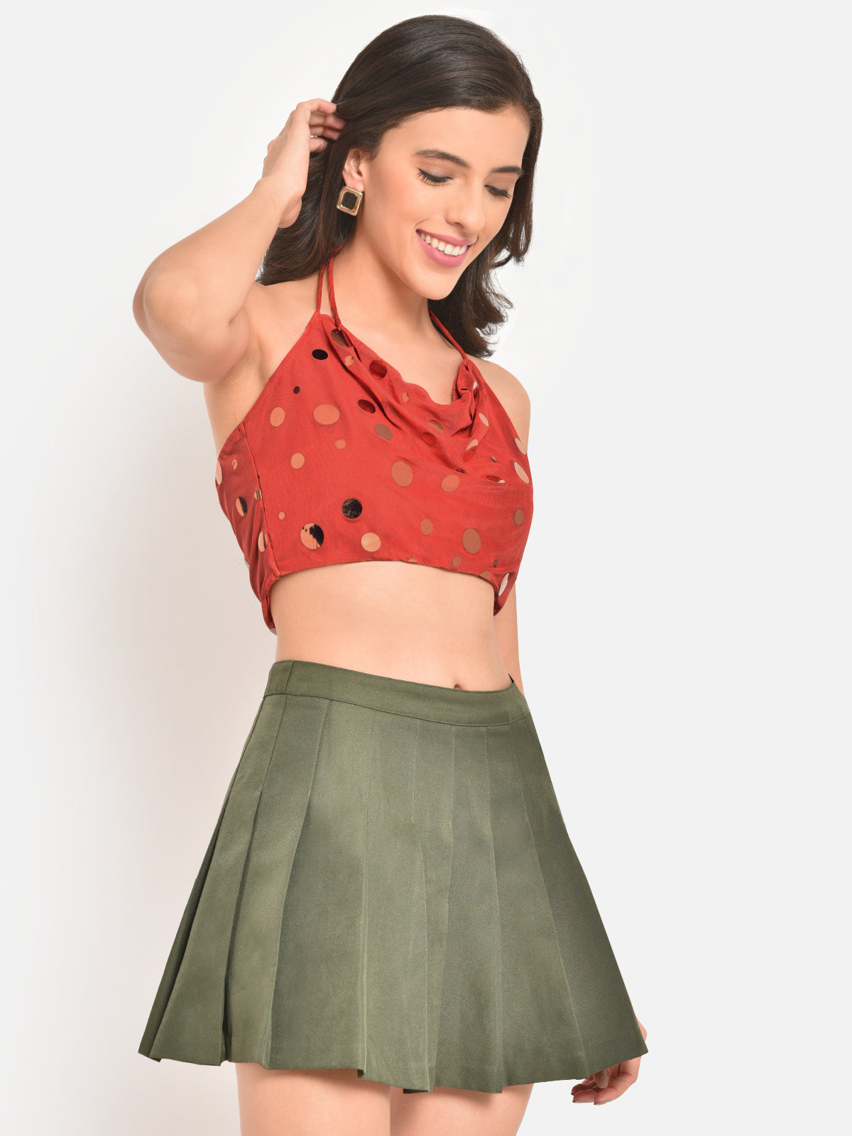Women Burnt Orange Golden Disc Crop Top