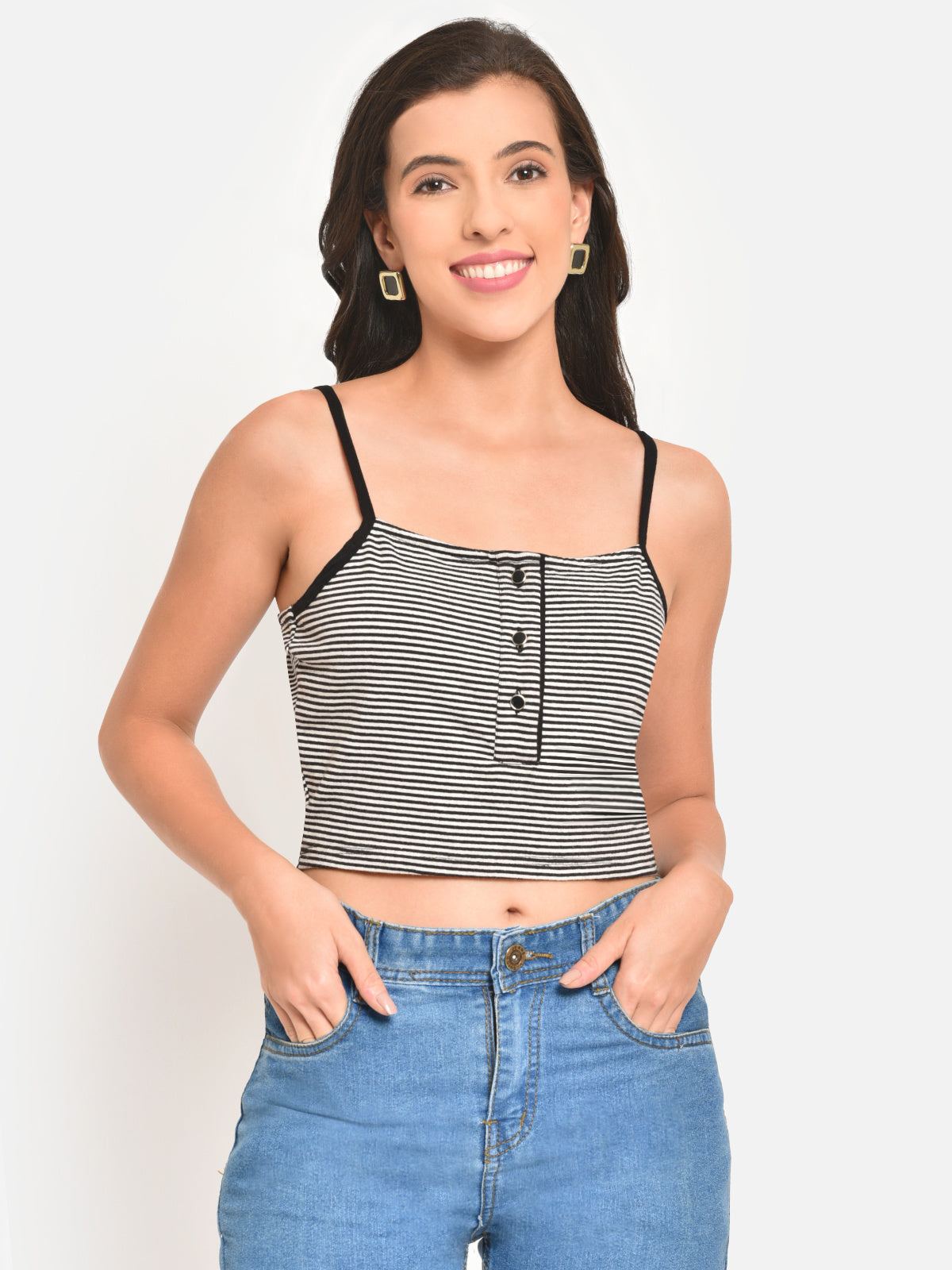Women Black White Stripe Buttoned Cami Top