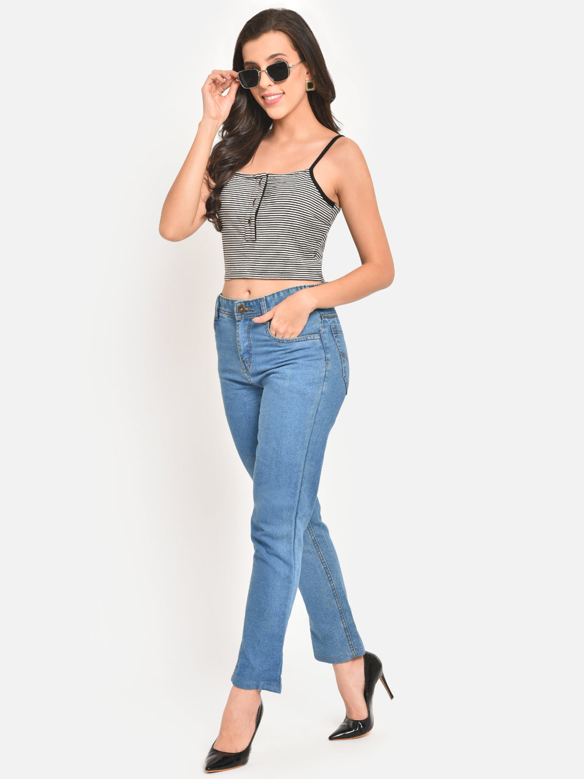 Women Black White Stripe Buttoned Cami Top