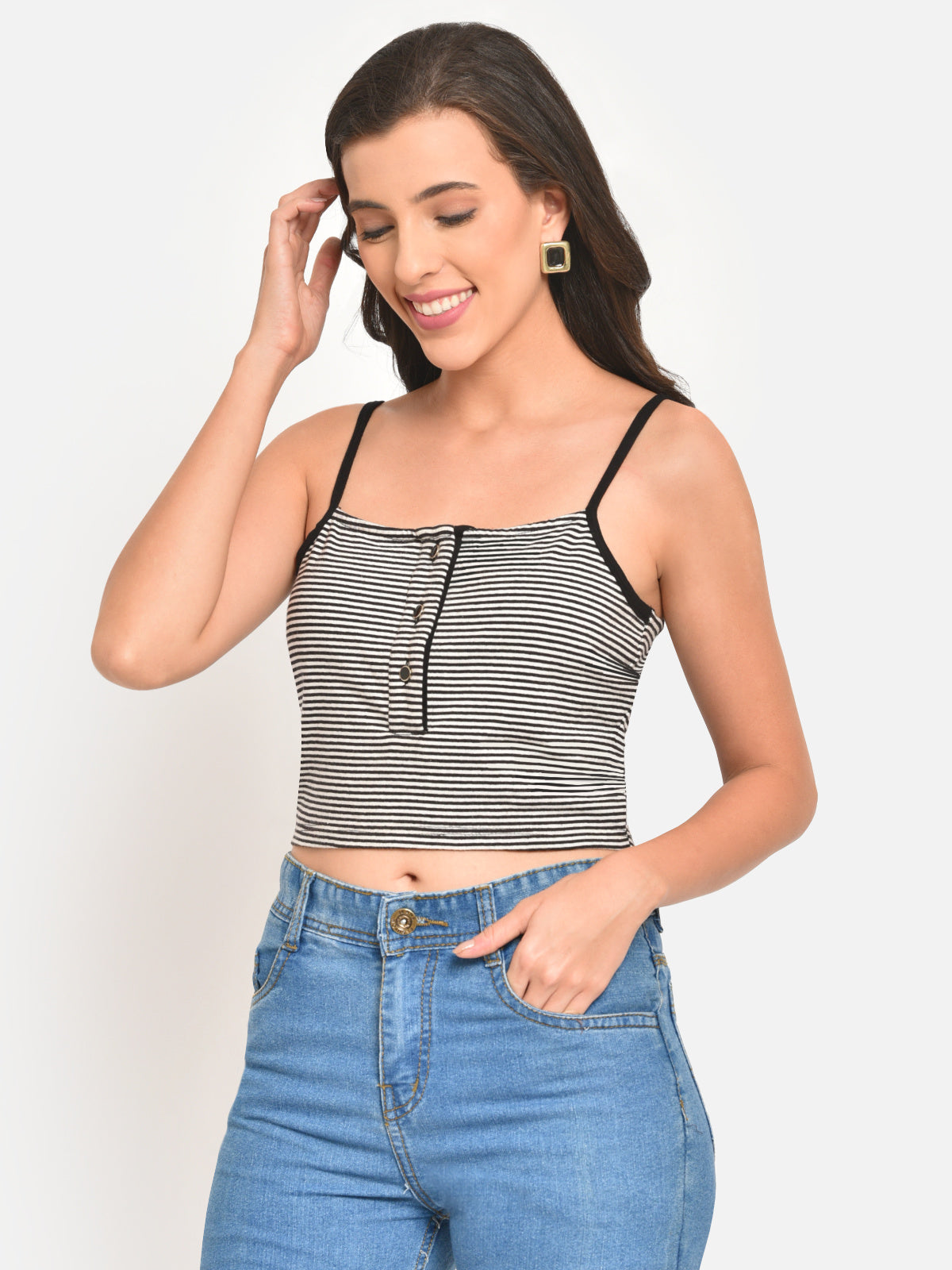 Women Black White Stripe Buttoned Cami Top