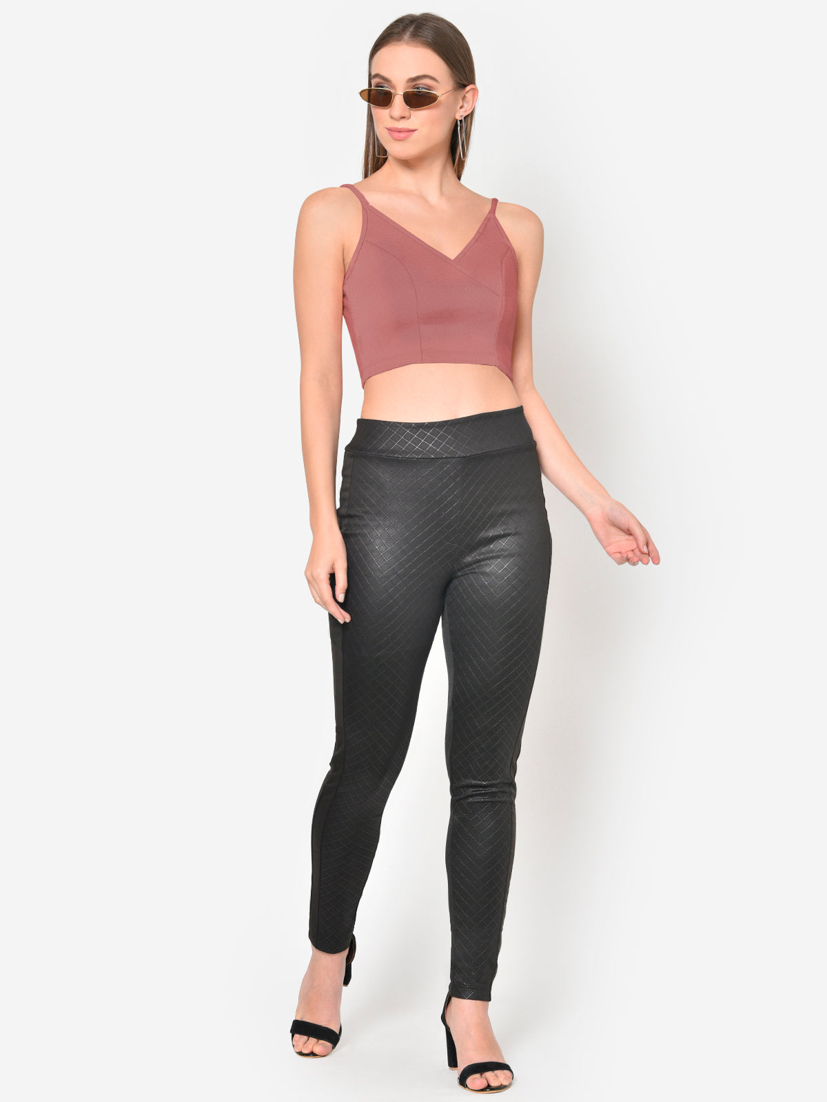 Women Pink Textured V Neck Crop Top