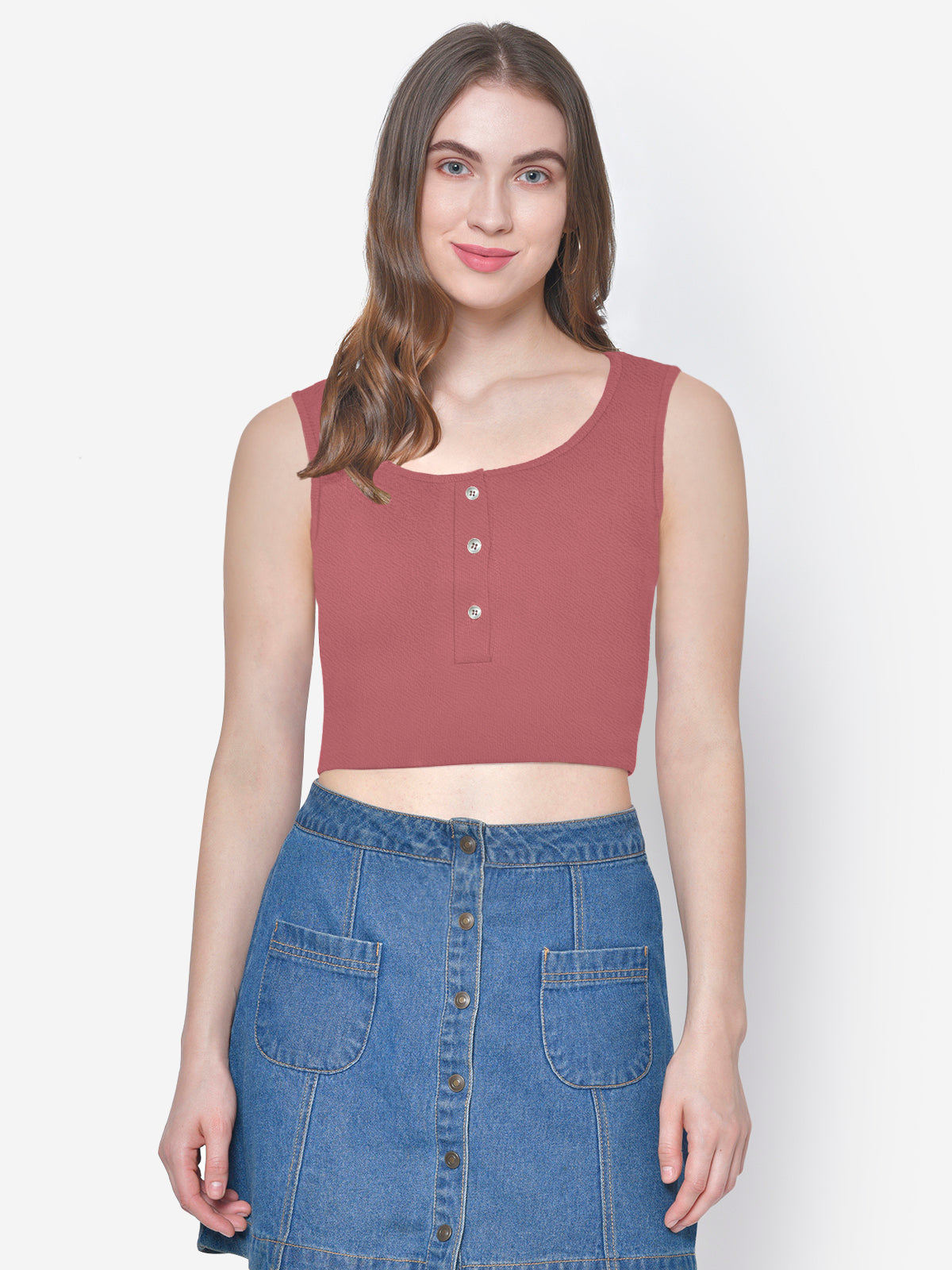 Women Pink Textured Buttoned Crop Top