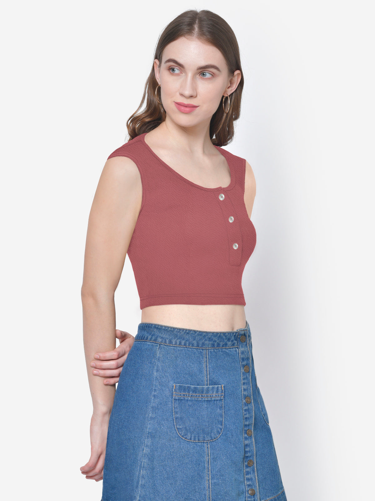Women Pink Textured Buttoned Crop Top