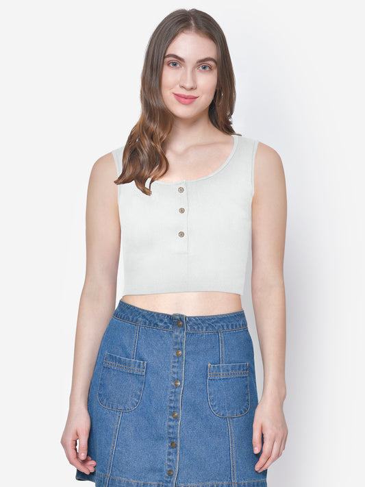 Women White Textured Buttoned Crop Top