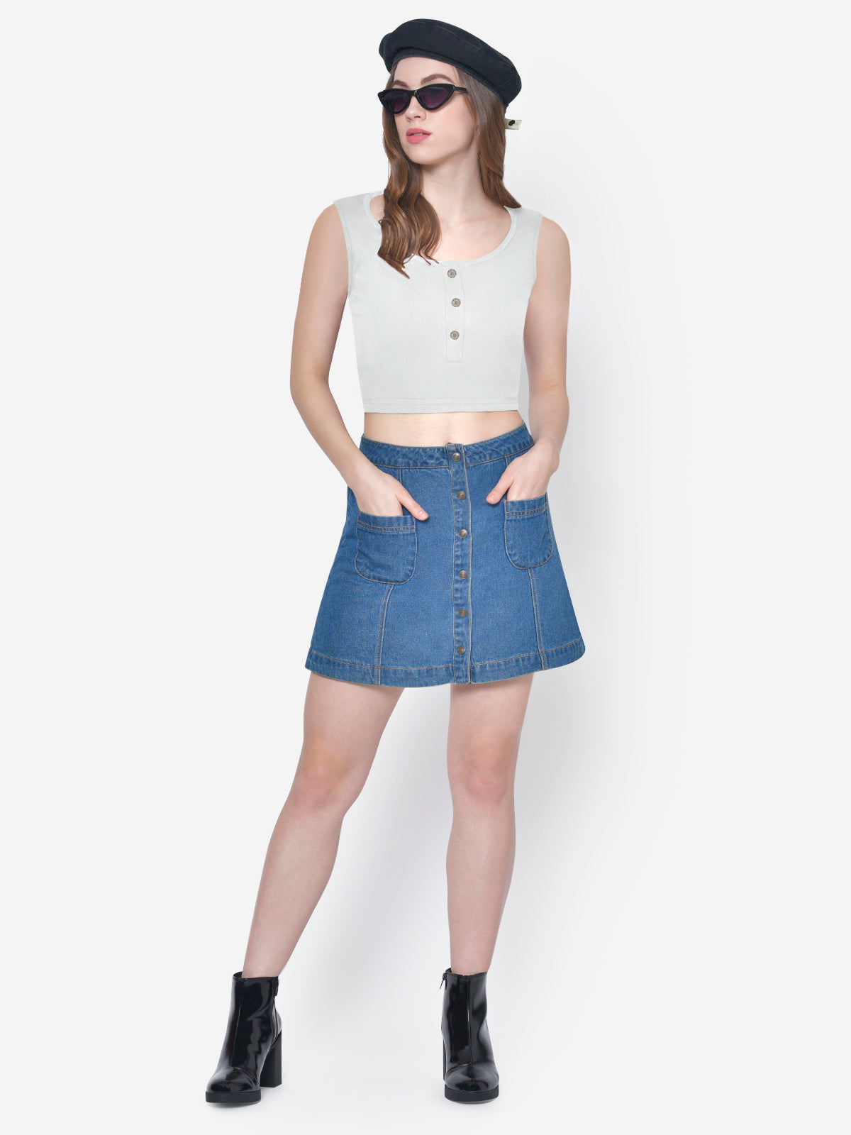 Women White Textured Buttoned Crop Top