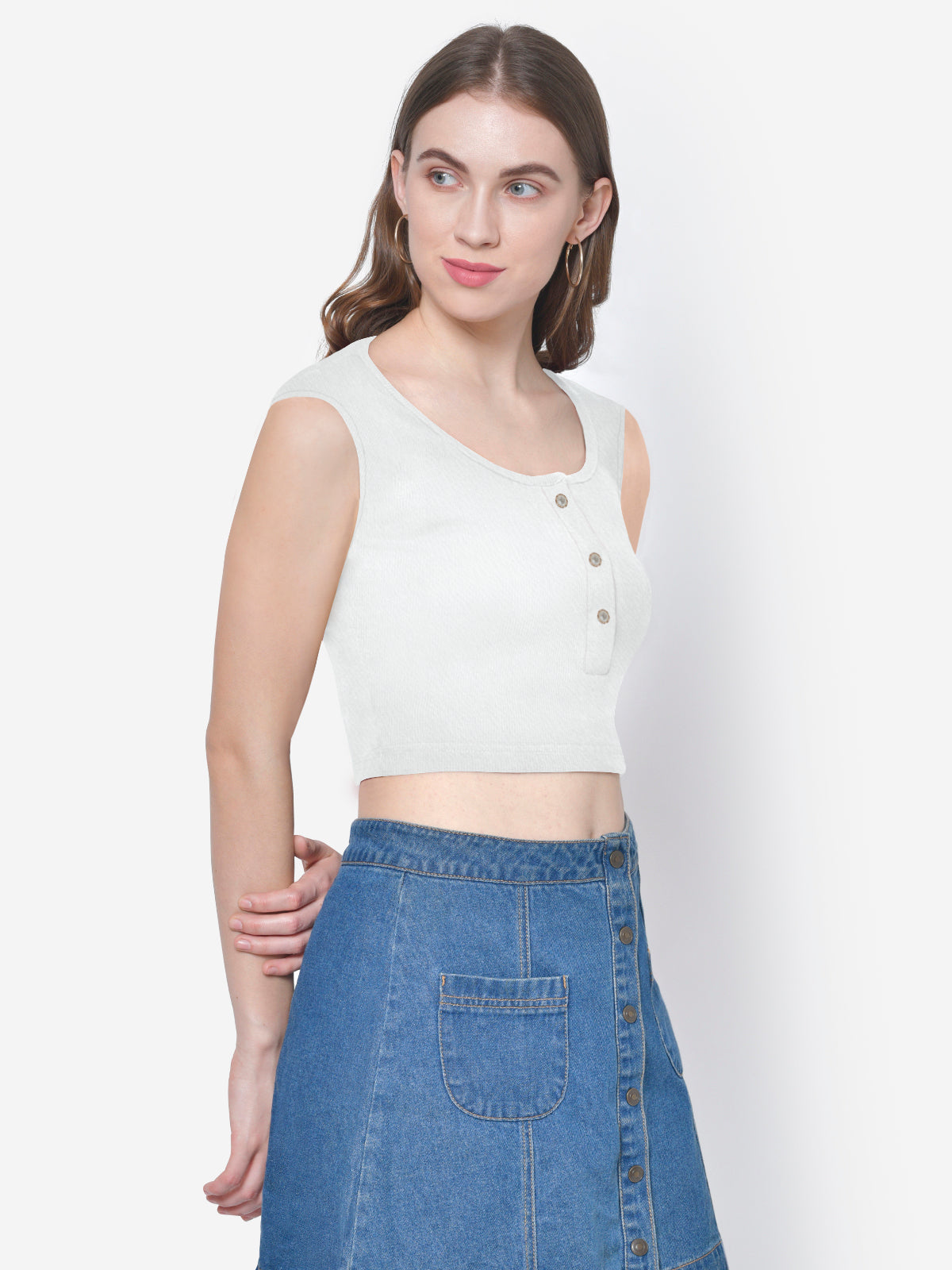 Women White Textured Buttoned Crop Top