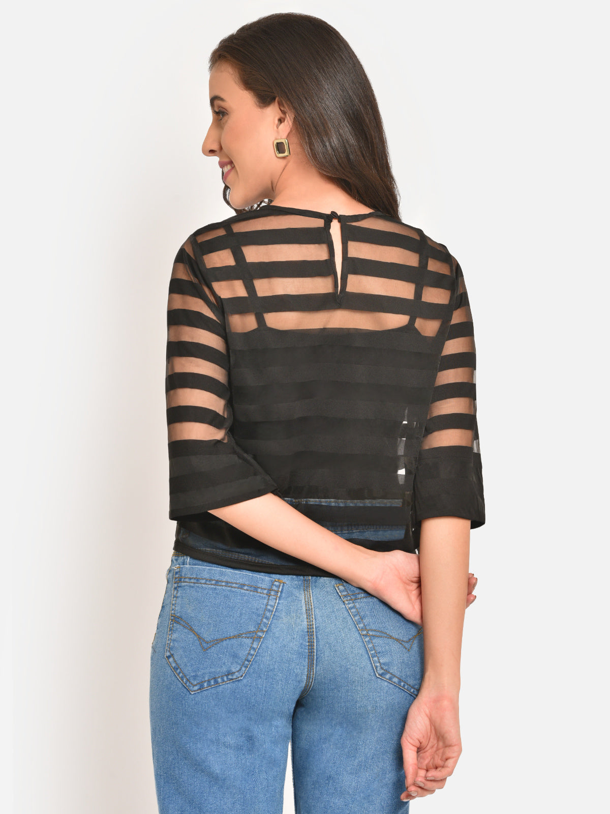 Women Black Stripe Boxy Sheer Top