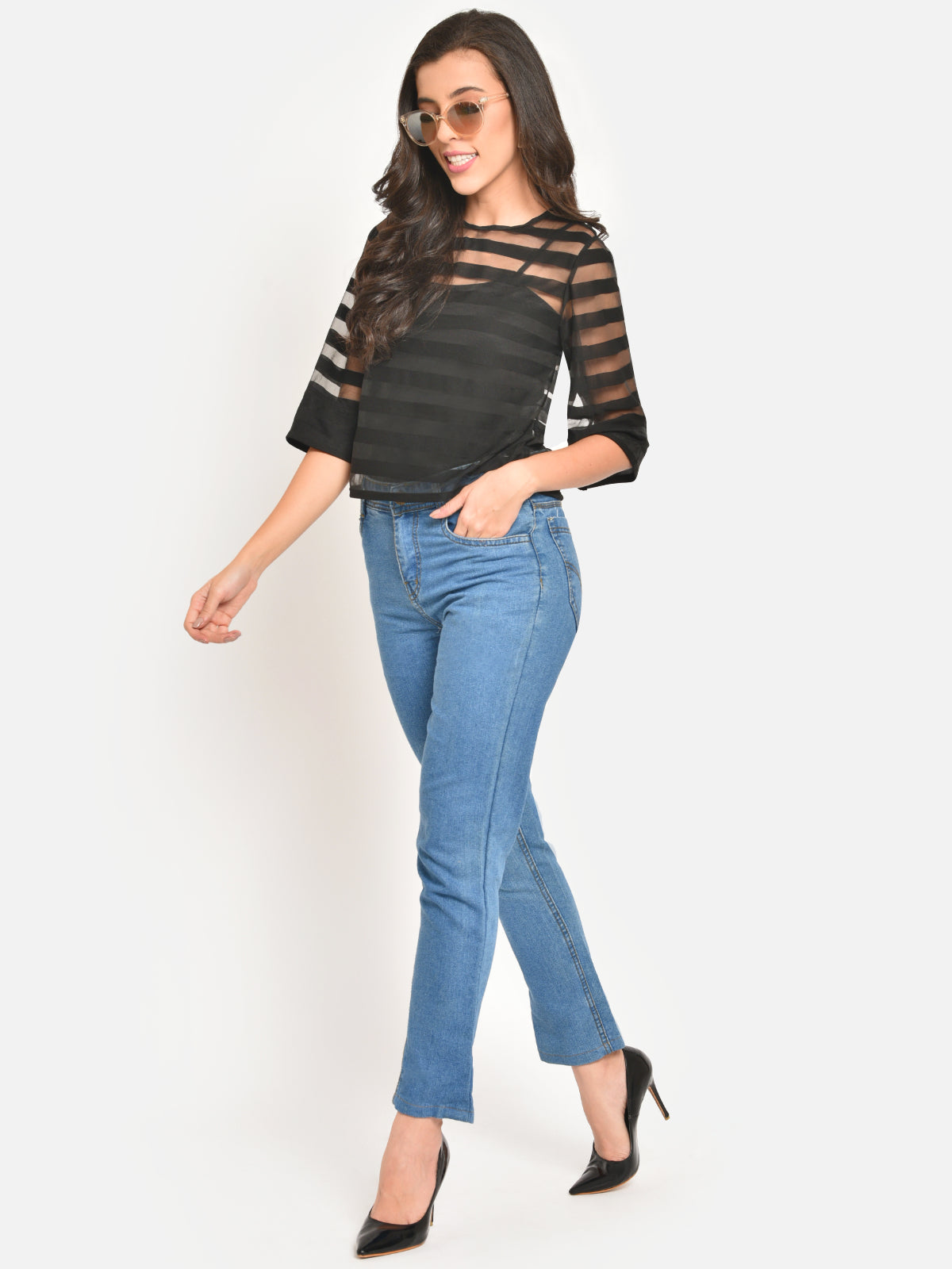 Women Black Stripe Boxy Sheer Top