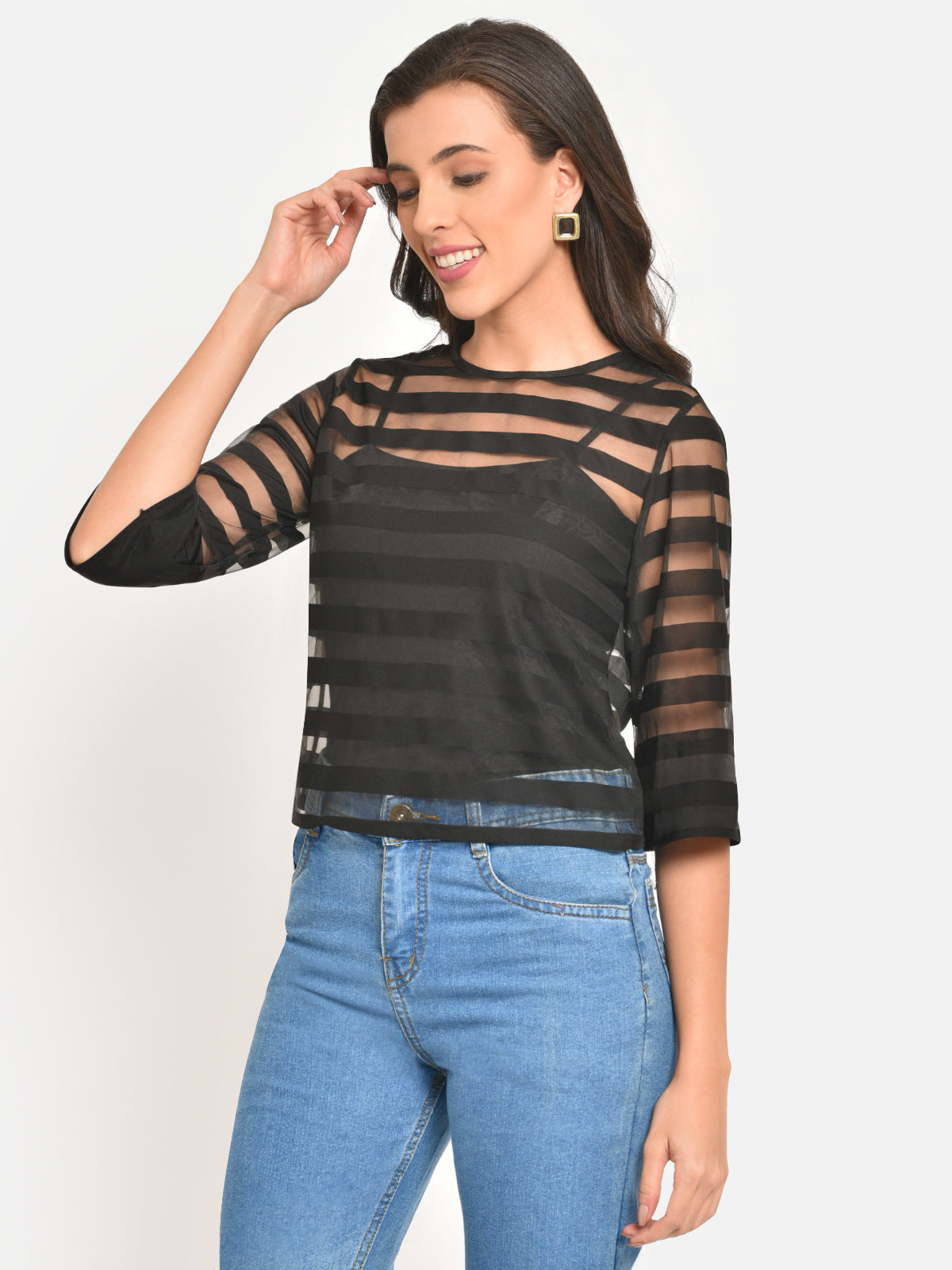 Women Black Stripe Boxy Sheer Top