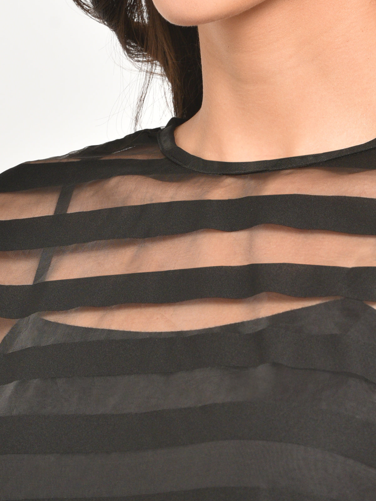 Women Black Stripe Boxy Sheer Top