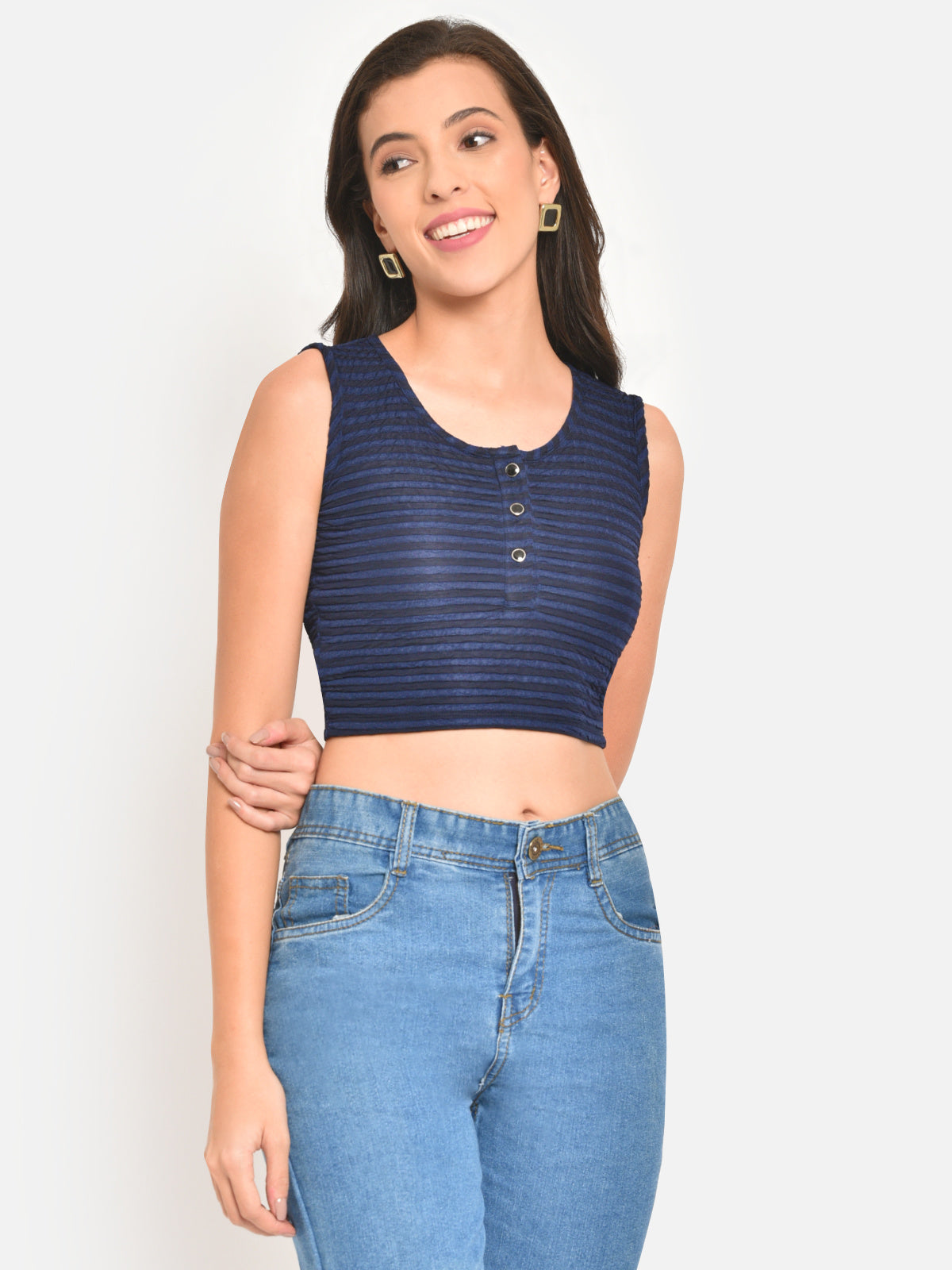 Women Blue Black Stripe Buttoned Top