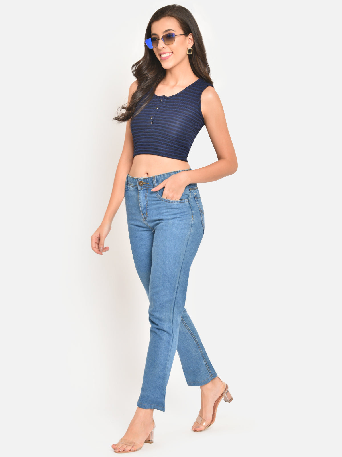 Women Blue Black Stripe Buttoned Top