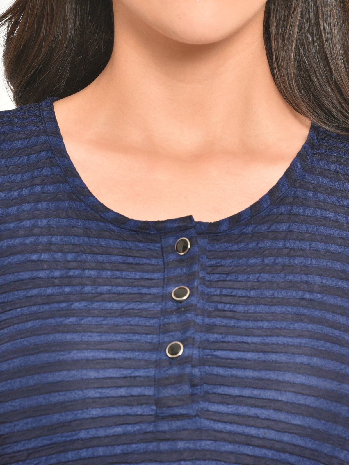Women Blue Black Stripe Buttoned Top