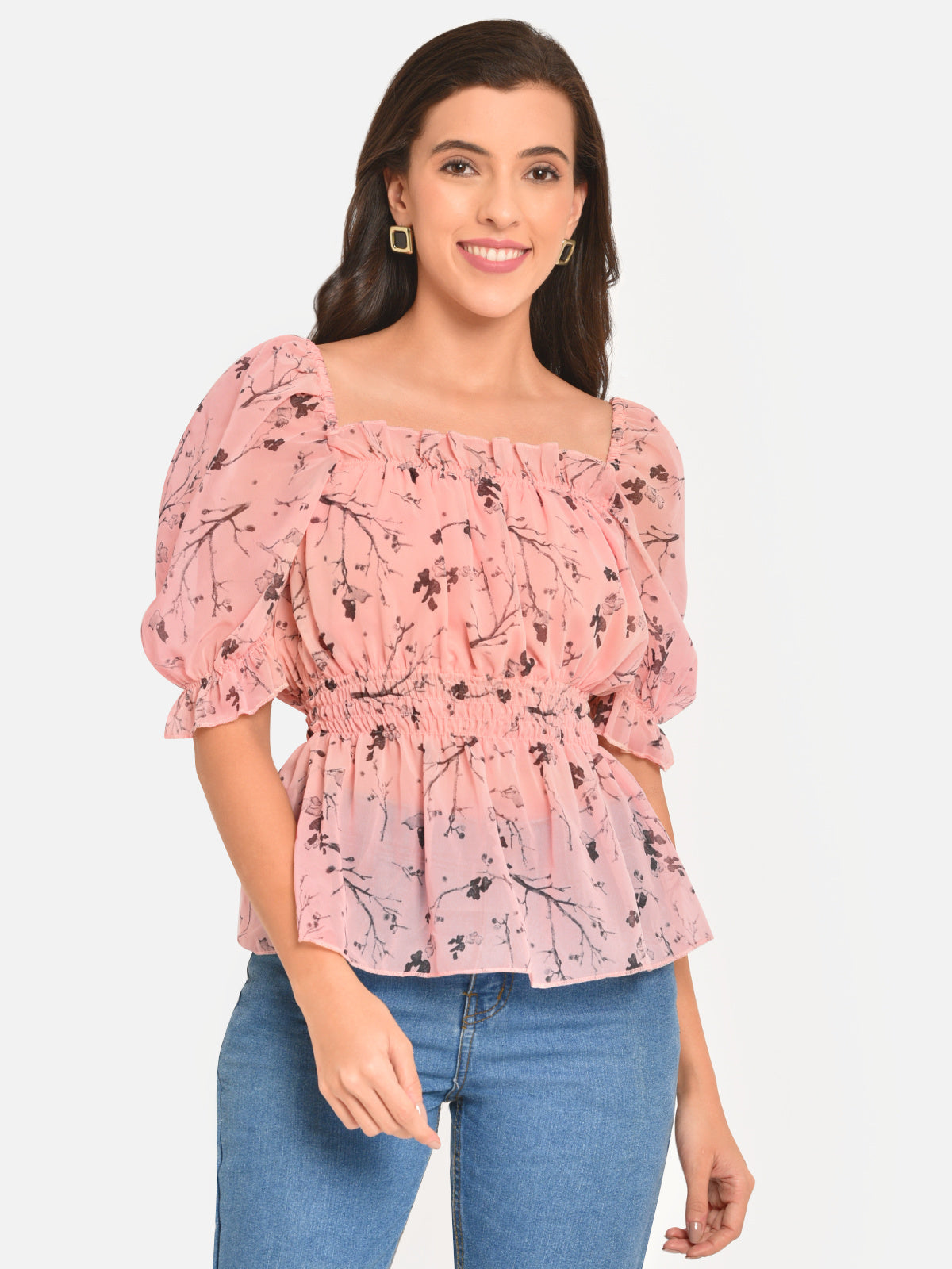 Women Peach Georgette Puff Sleeve Top