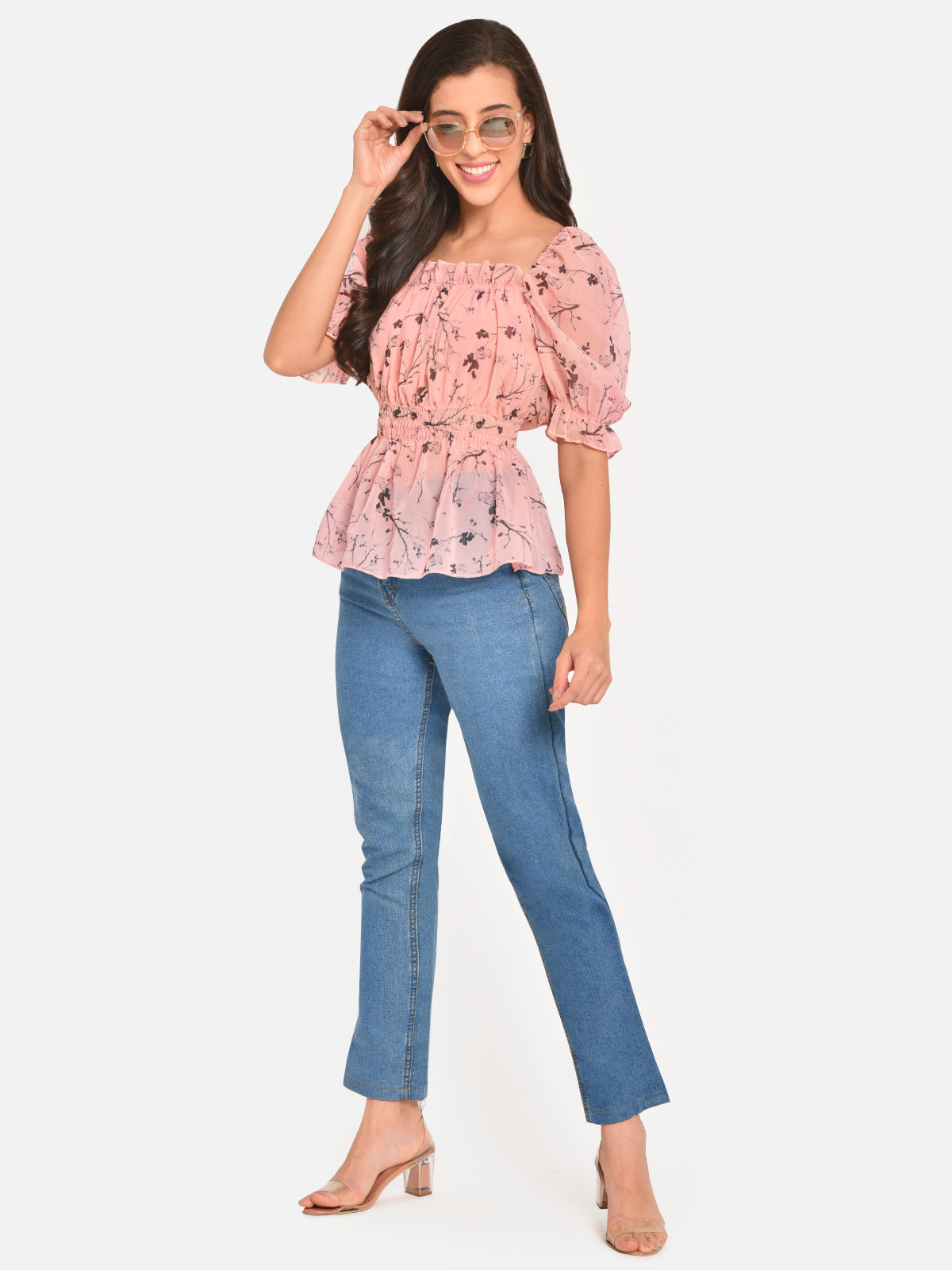 Women Peach Georgette Puff Sleeve Top