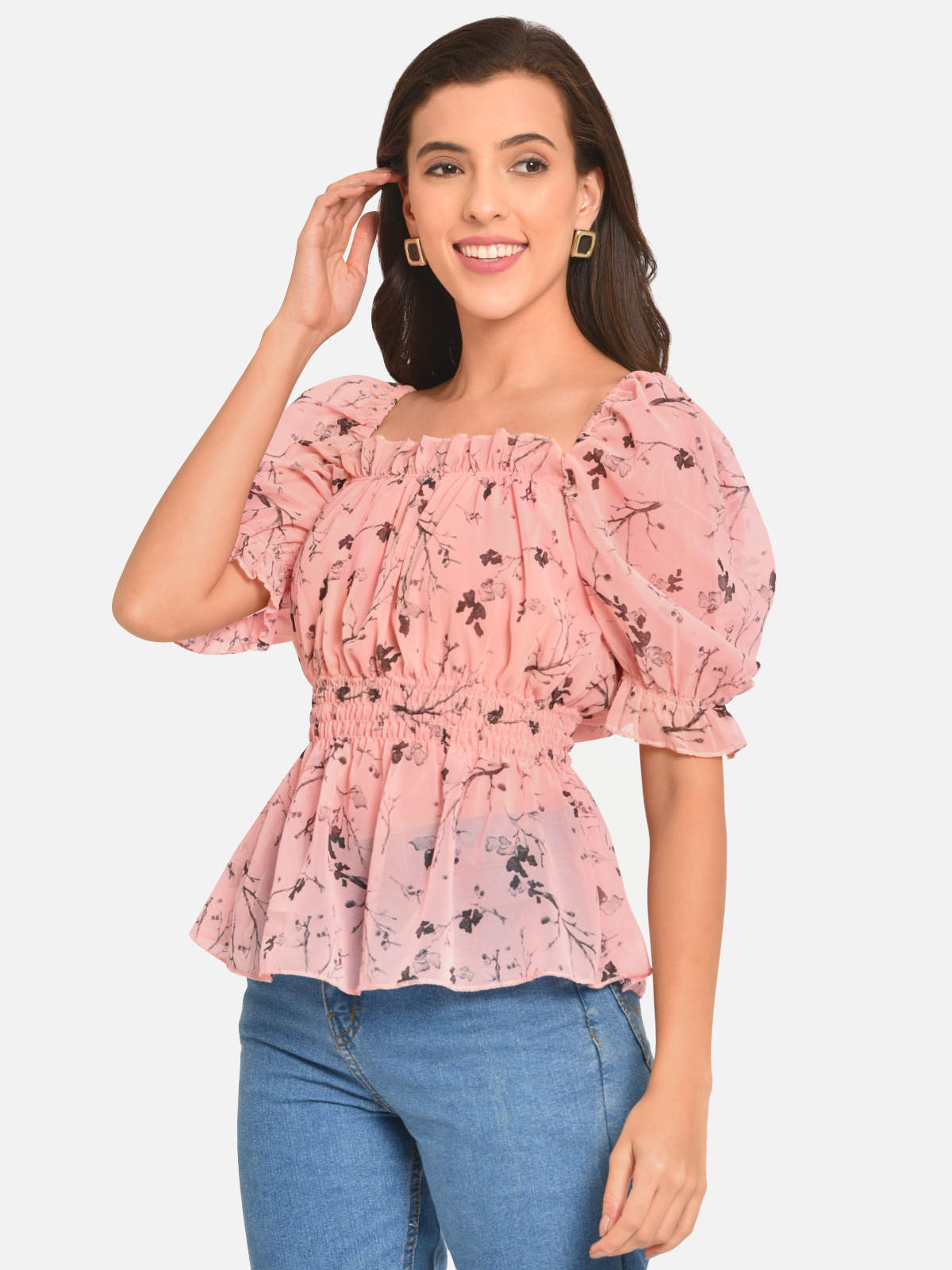 Women Peach Georgette Puff Sleeve Top