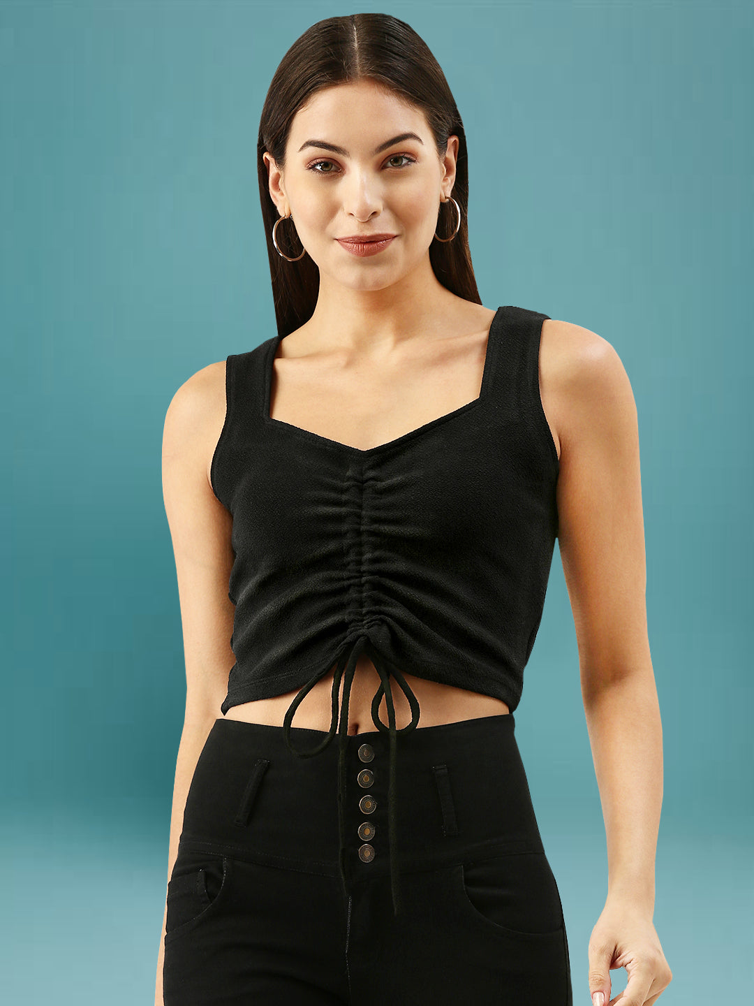 Women Black Drawstring Crop Top