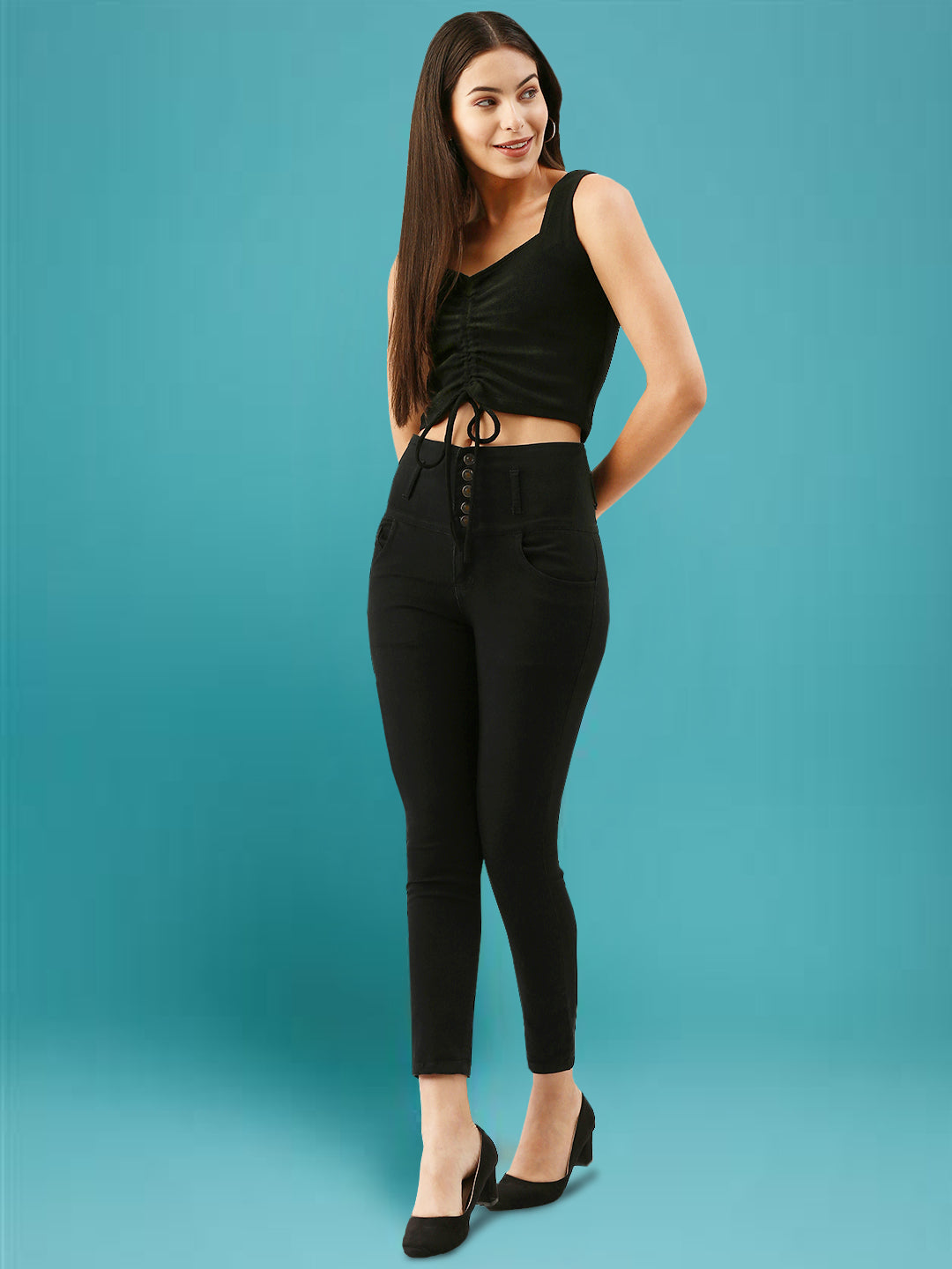 Women Black Drawstring Crop Top