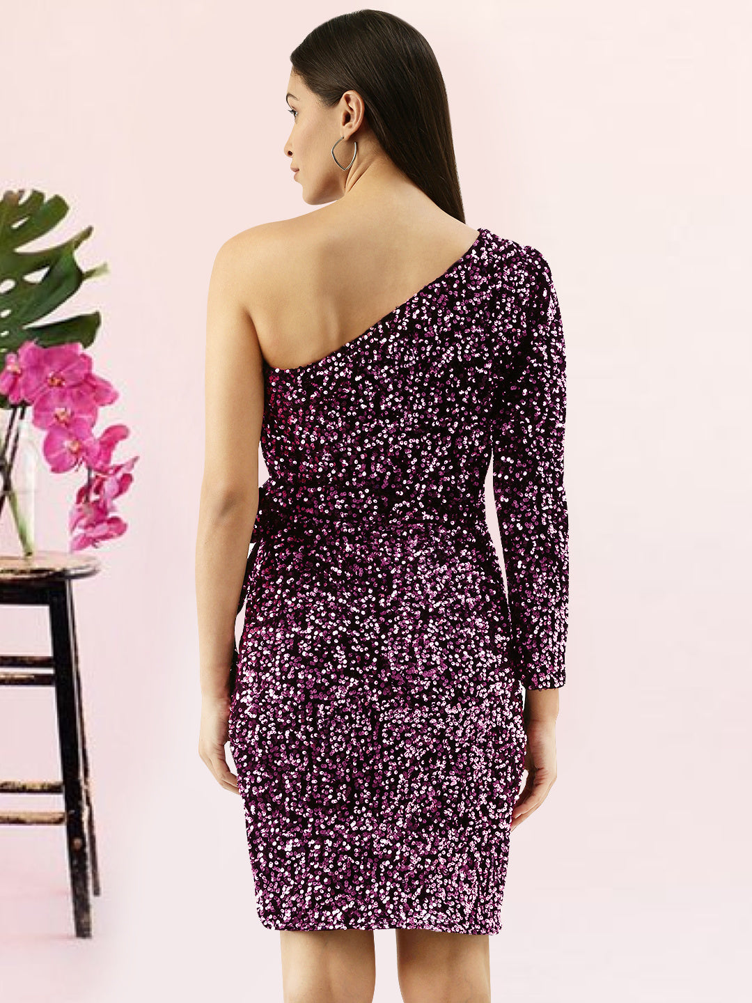 Women Pink Sequin One Shoulder Dress