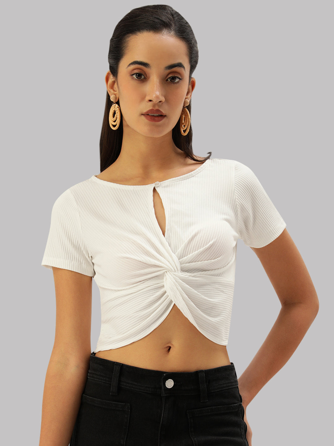 Women White Rib Front Twisted Crop Top
