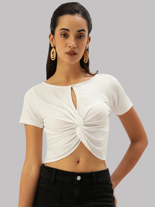 Women White Rib Front Twisted Crop Top