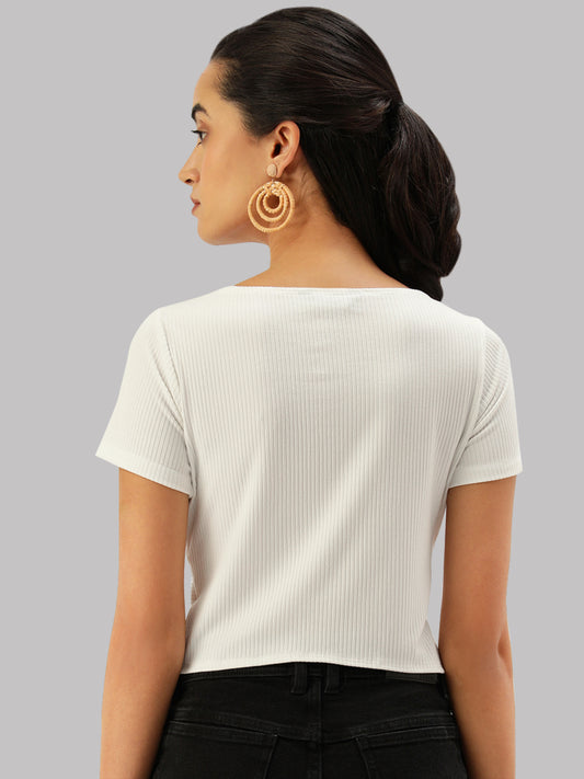 Women White Rib Front Twisted Crop Top