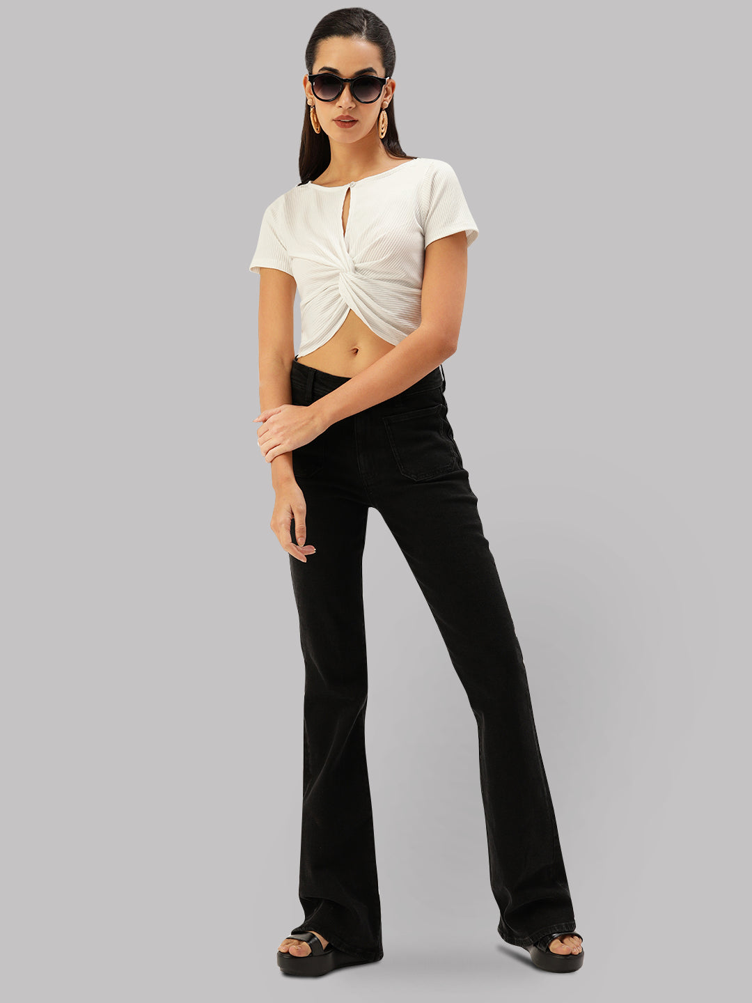 Women White Rib Front Twisted Crop Top