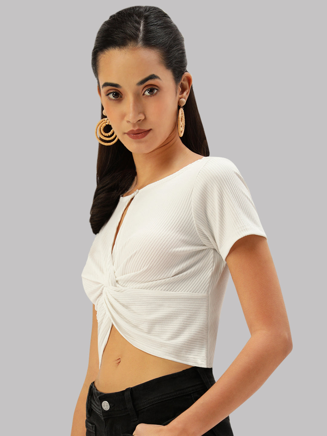 Women White Rib Front Twisted Crop Top