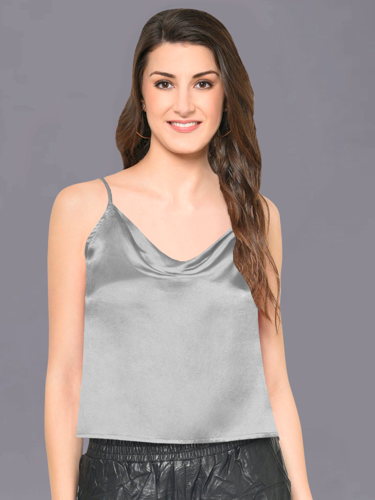 Women Silver Satin Cowl Neck Cami Top