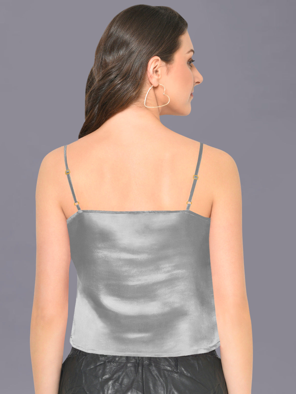 Women Silver Satin Cowl Neck Cami Top