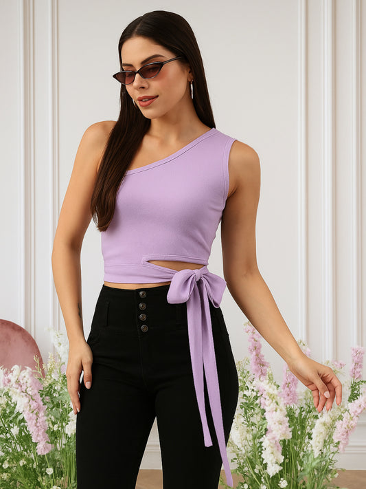 Women Purple Knotting One Shoulder Crop Top