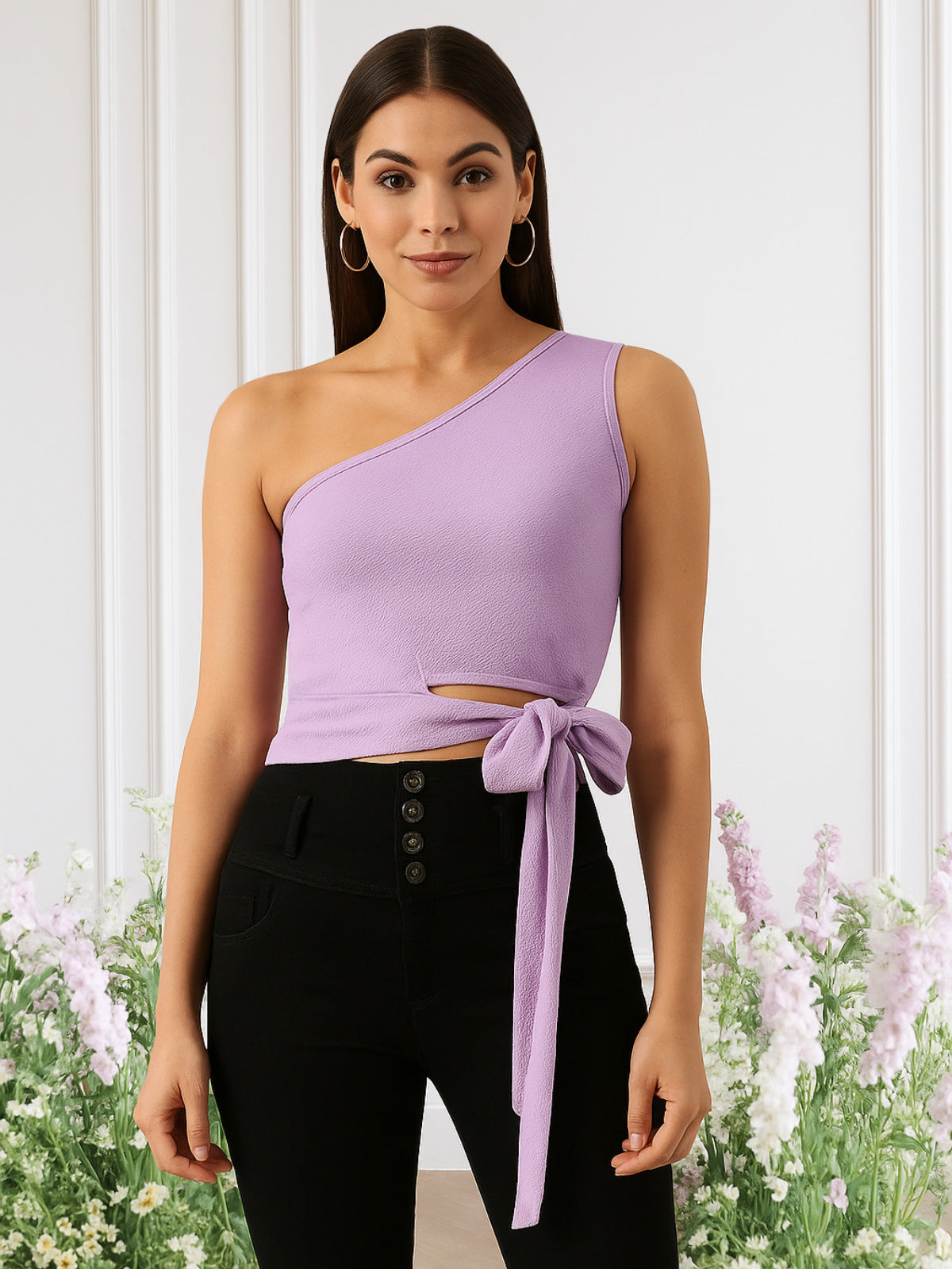 Women Purple Knotting One Shoulder Crop Top