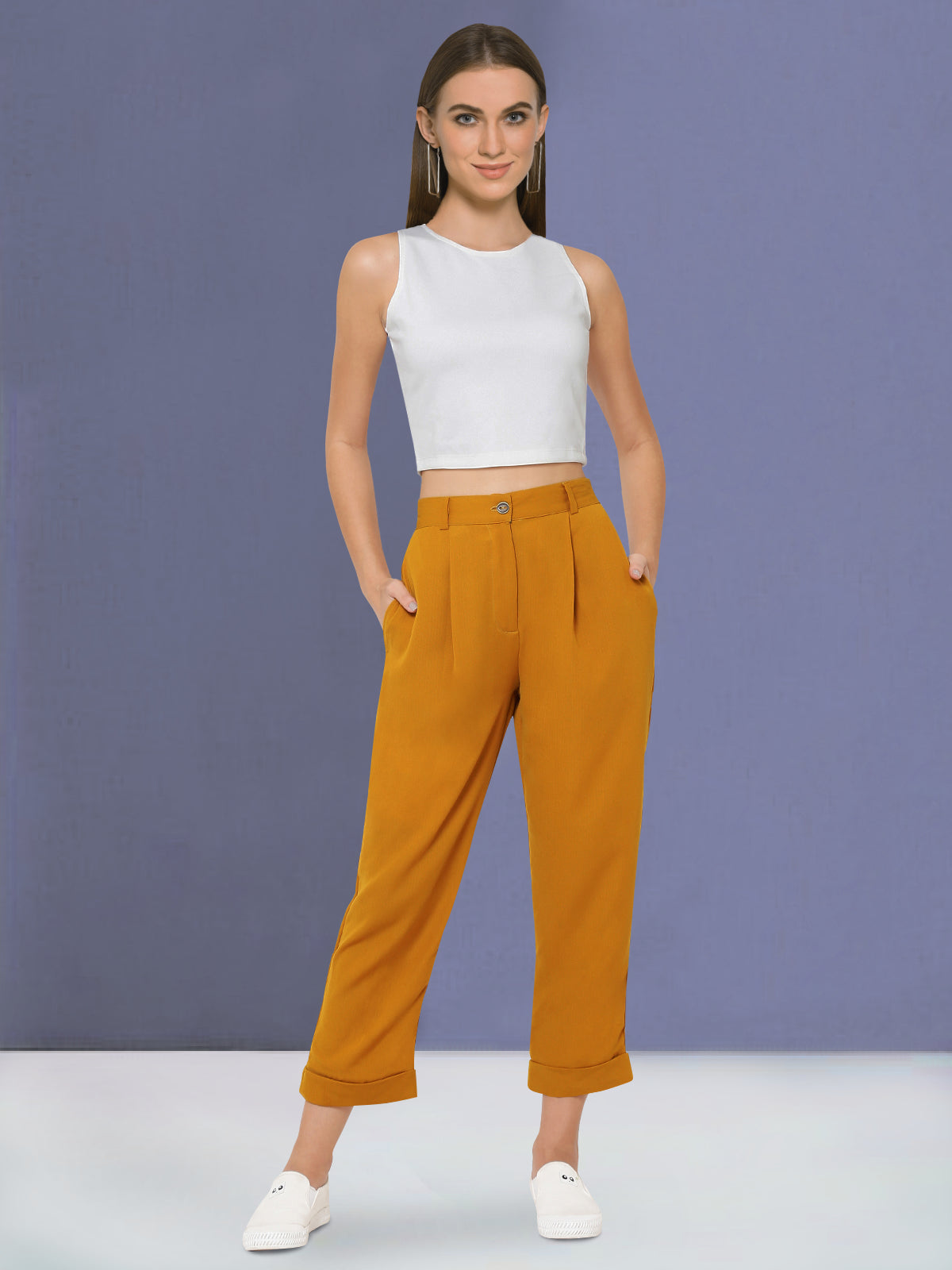 Women Mustard Yellow Turn Up Trouser