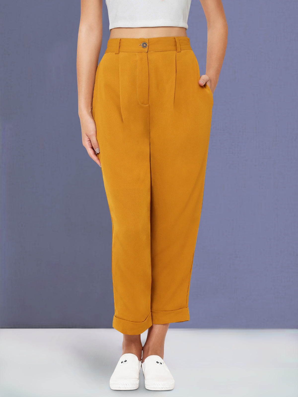 Women Mustard Yellow Turn Up Trouser
