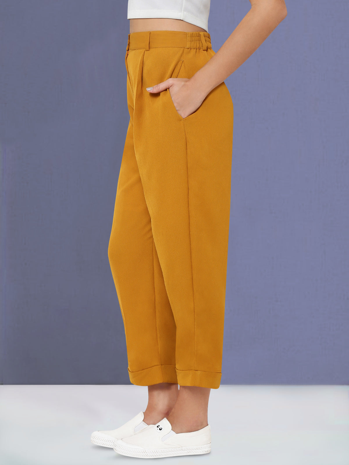 Women Mustard Yellow Turn Up Trouser